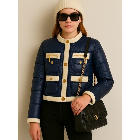 Y2k Twisted Heart Black White Trim Puffer Jacket Gold Button Zip Pockets - Picture 11 of 11